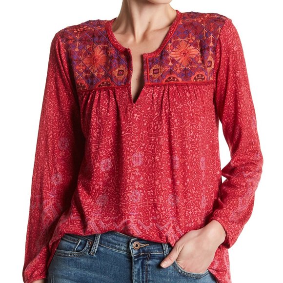 Lucky Brand Tops - LUCKY BRAND red / pink embroidered print blouse